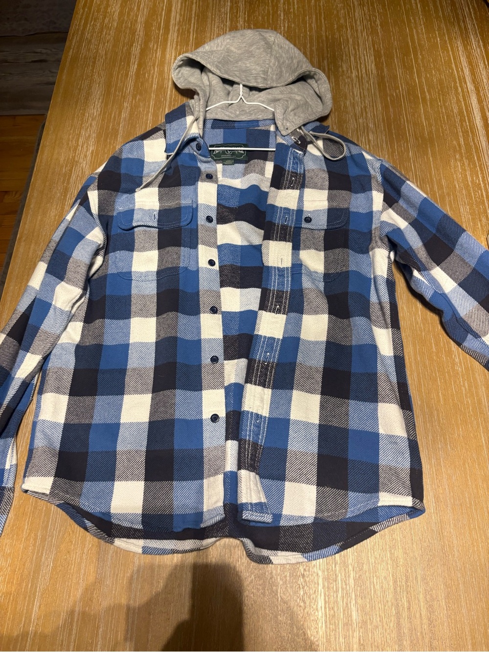 Blue Plaid Button-Up Shirt with Grey Hood